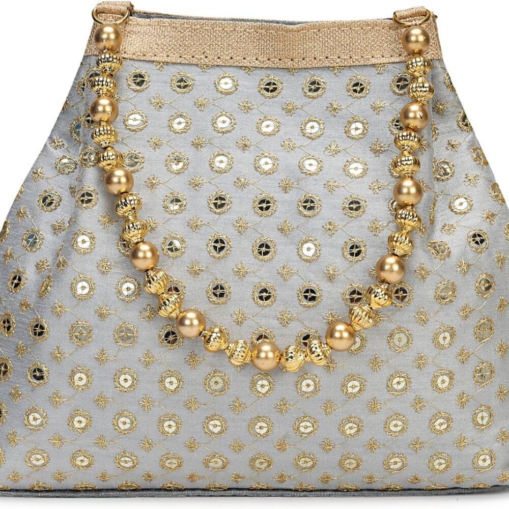 Silk Evening Potli Bag Women Pearl Beaded Handle Gold Embroidered Luxury